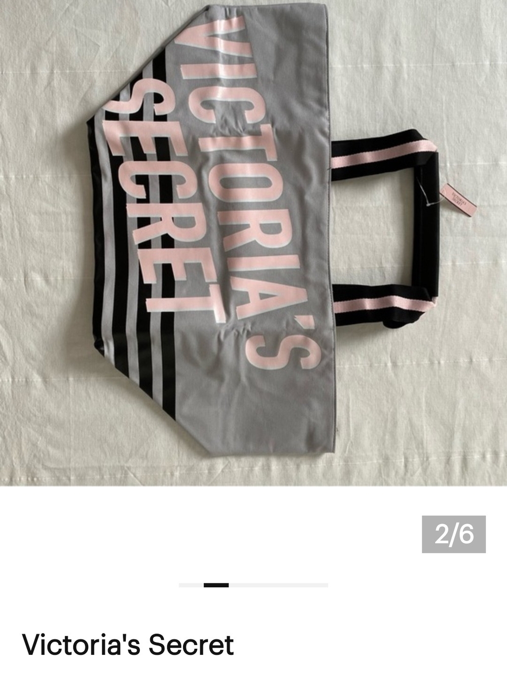 Victoria's Secret Gray and Pink Canvas Tote with Striped Handles NWT